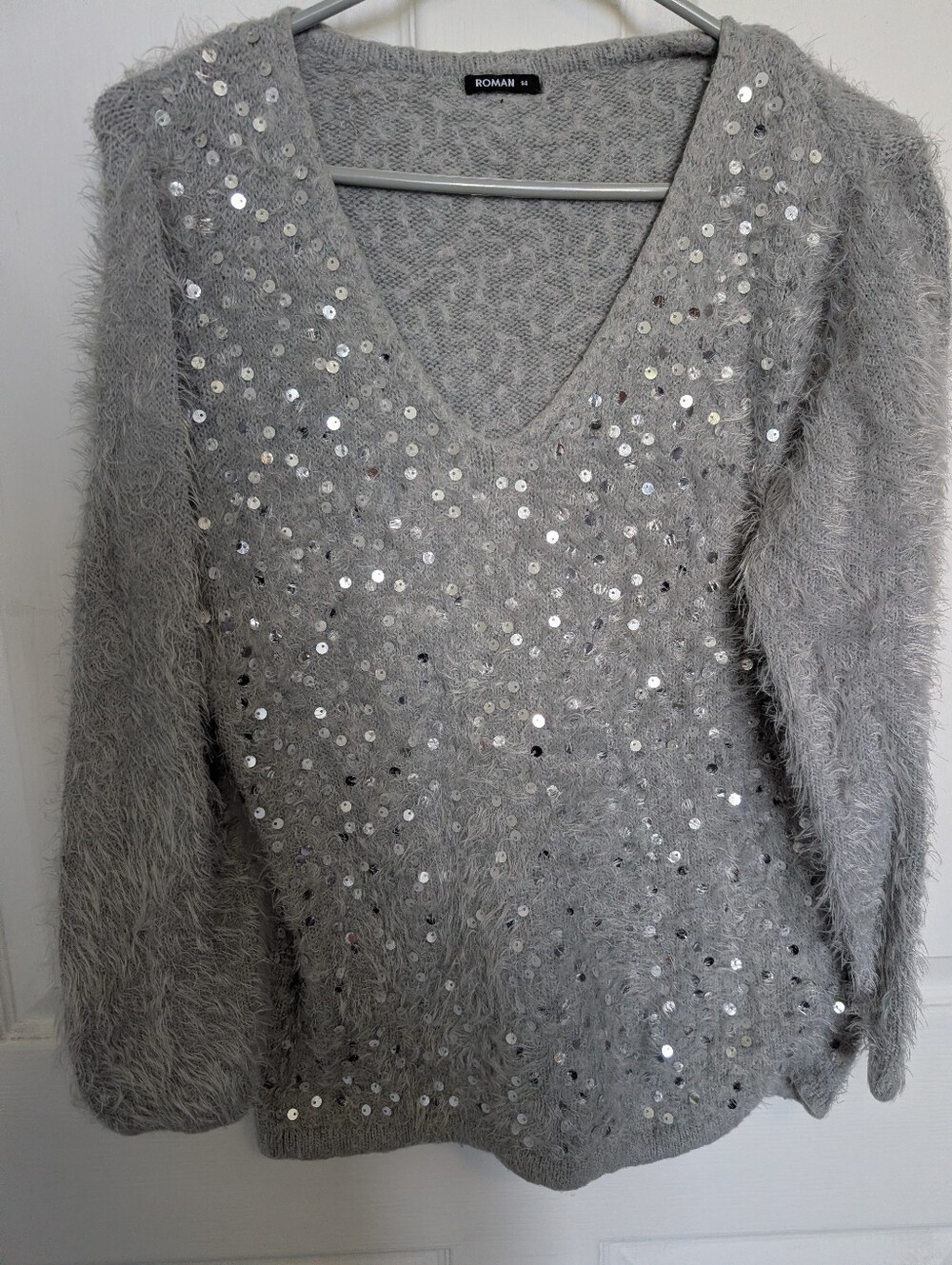 Roman Women's Gray Sequin V-Neck Sweater